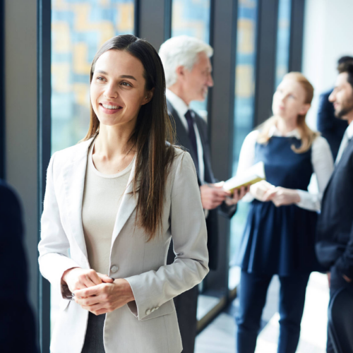 group of office workers talking